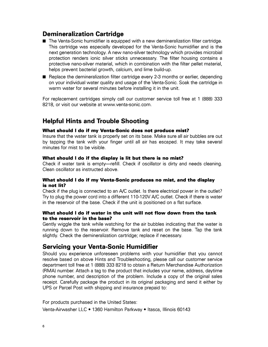 Venta Airwasher VS 207 user manual Demineralization Cartridge, Helpful Hints and Trouble Shooting 
