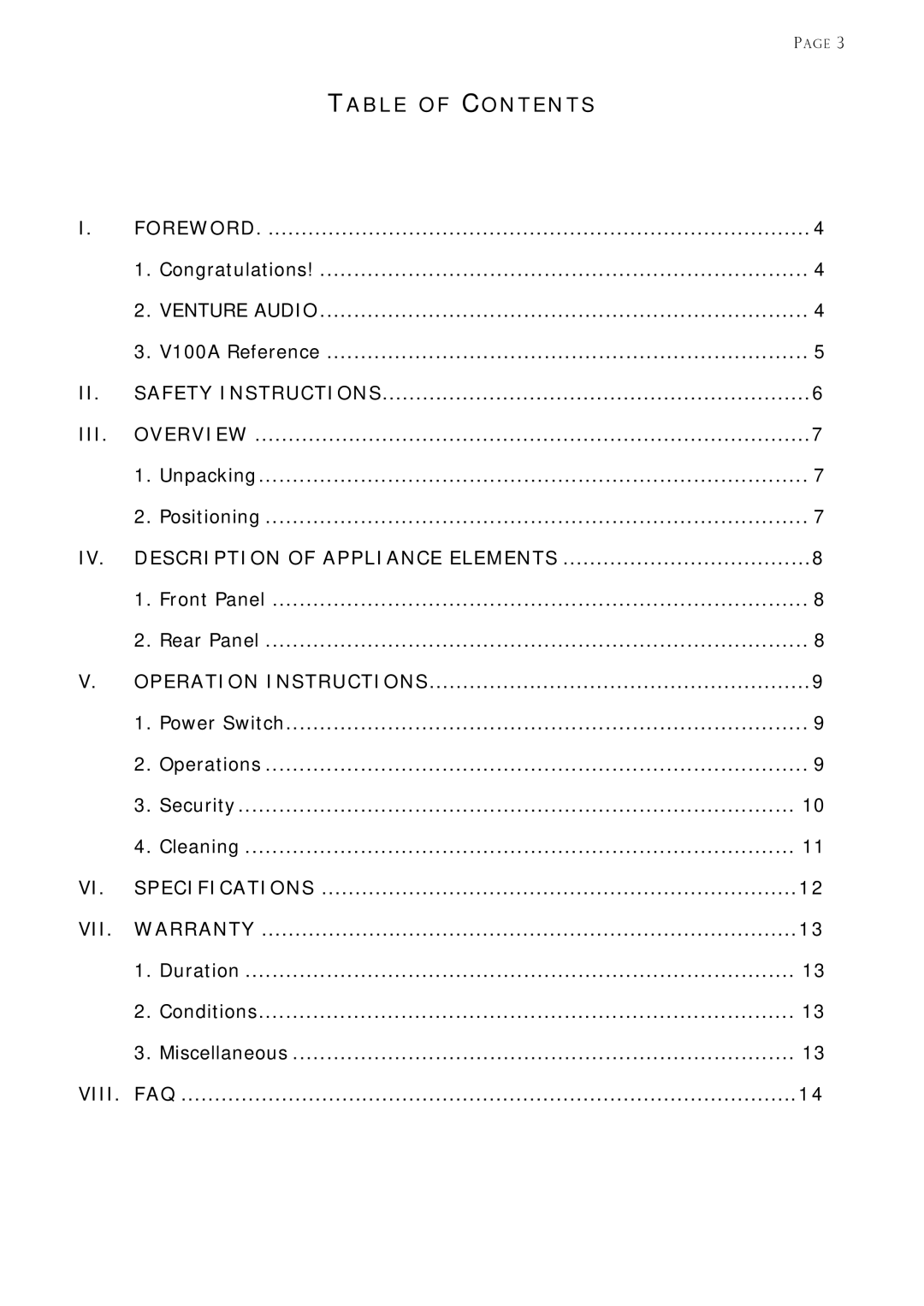 Venture Products V100A manual Table of Contents 