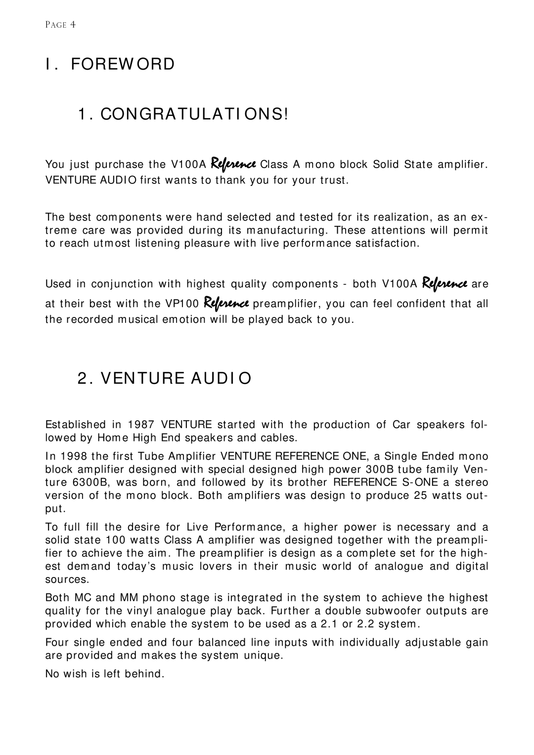 Venture Products V100A manual Foreword Congratulations, Venture Audio 