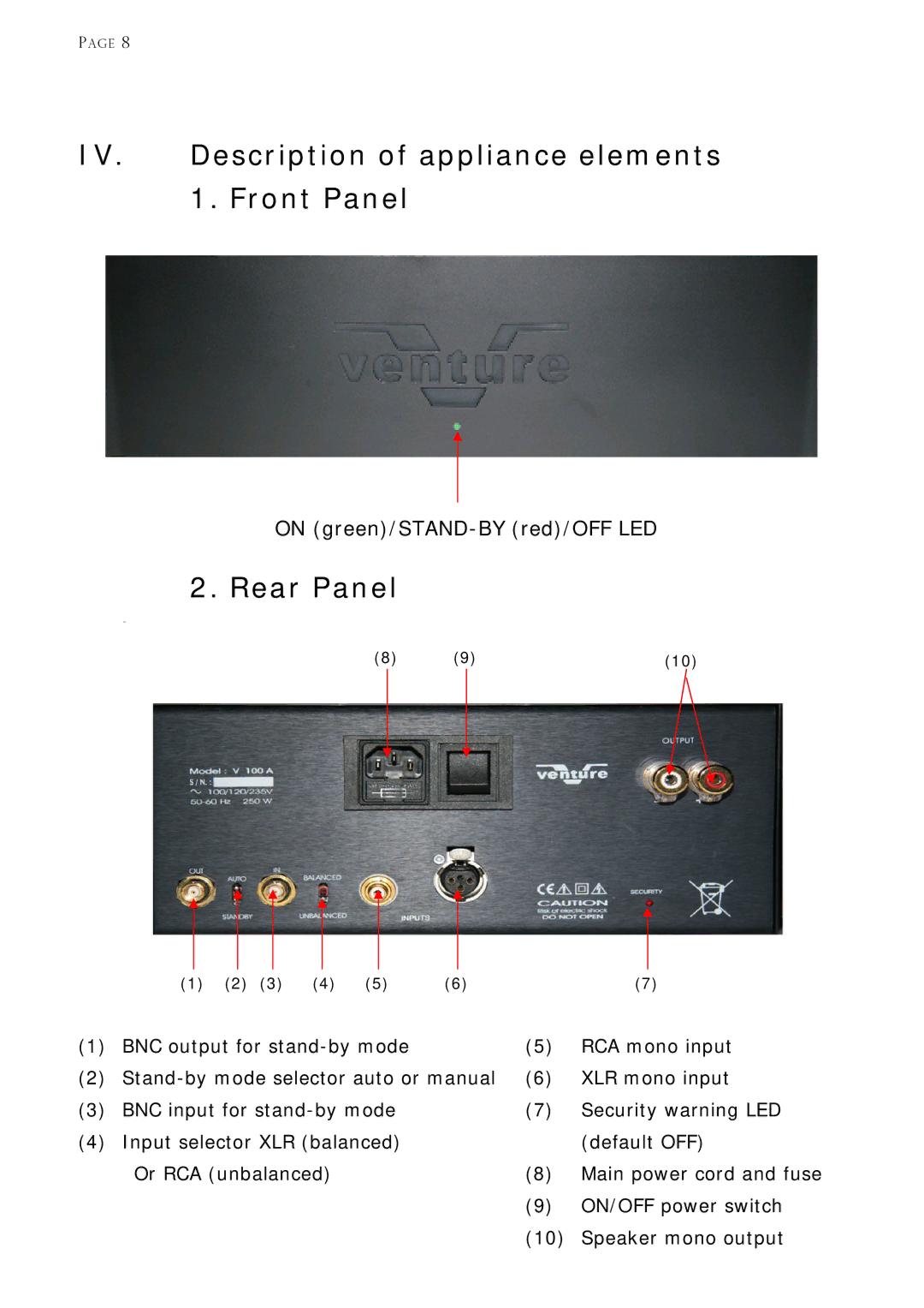 Venture Products V100A manual Description of appliance elements, Front Panel, Rear Panel 