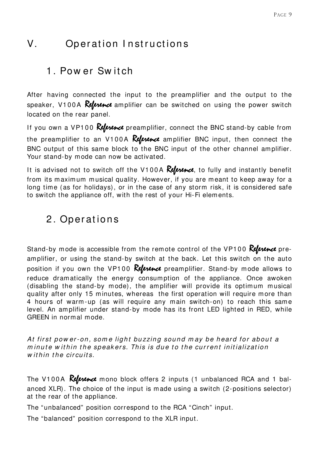 Venture Products V100A manual Operation Instructions Power Switch, Operations 