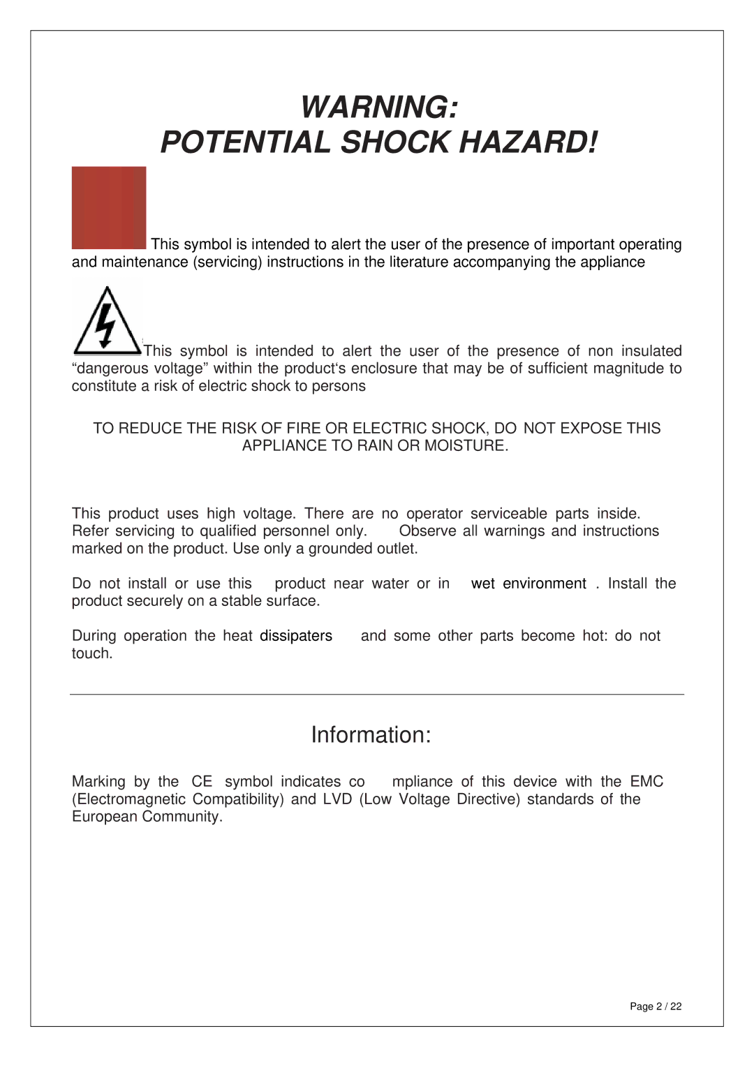 Venture Products VP100 manual Potential Shock Hazard 