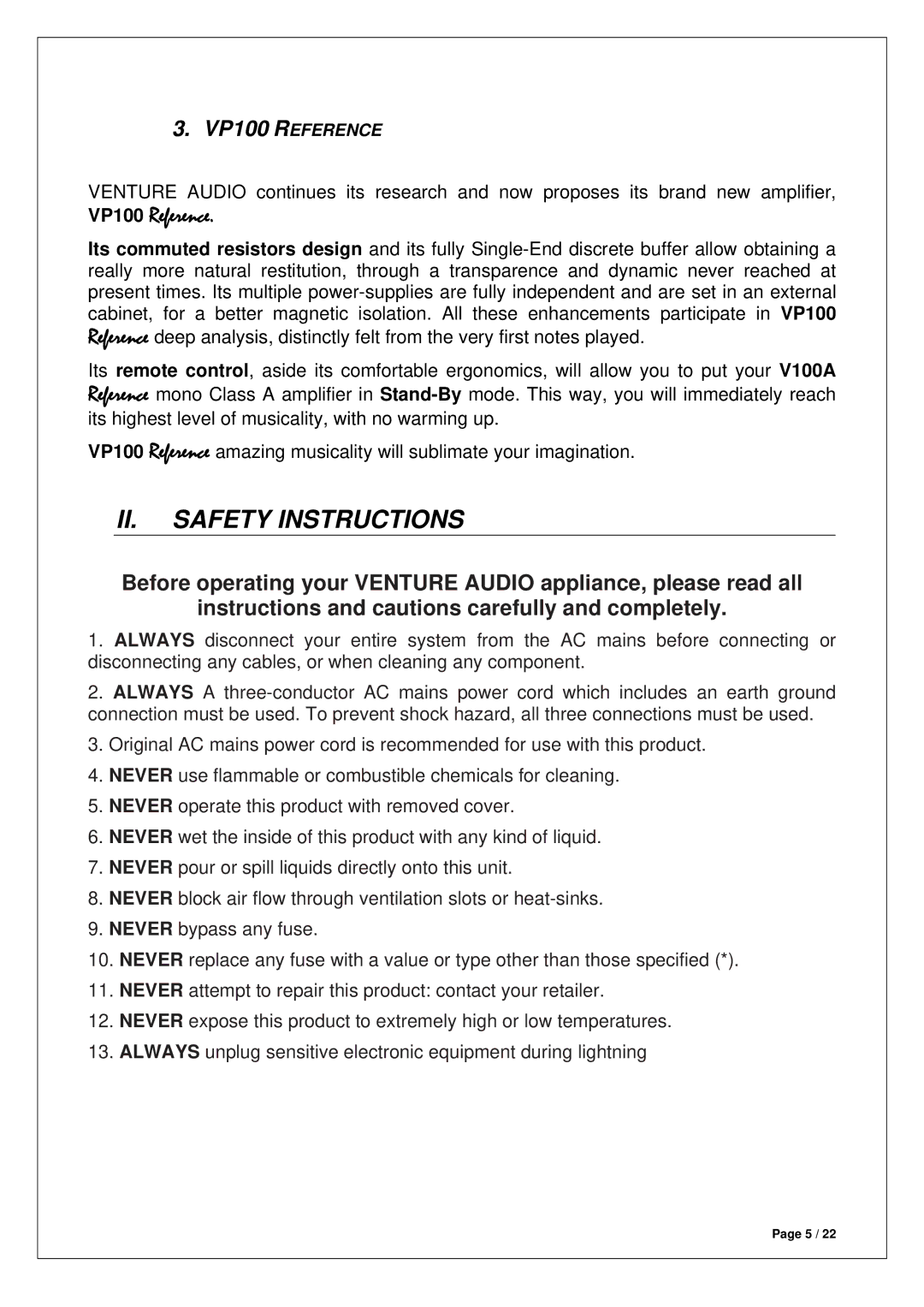 Venture Products manual II. Safety Instructions, VP100 Reference 