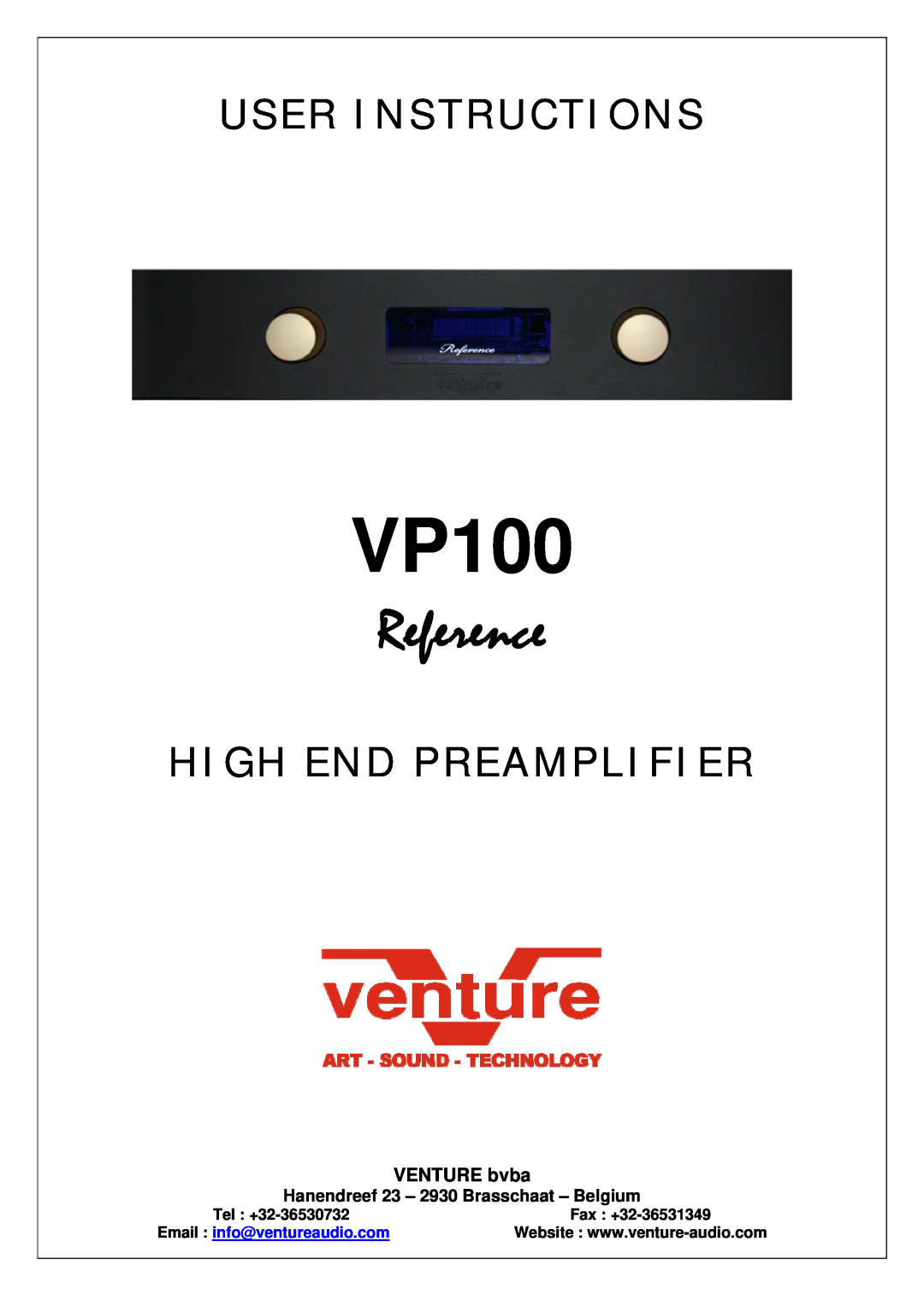 Venture Products VP100 manual VENTURE bvba, Reference, User Instructions, High End Preamplifier, Tel +32-36530732 