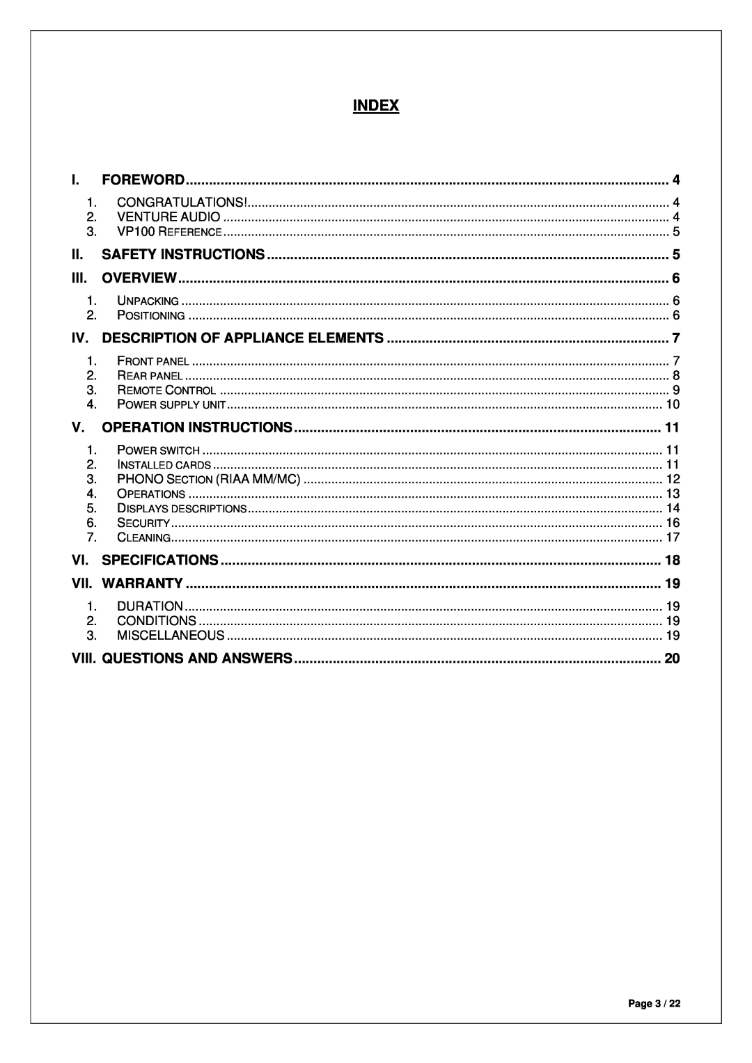 Venture Products VP100 manual Index 
