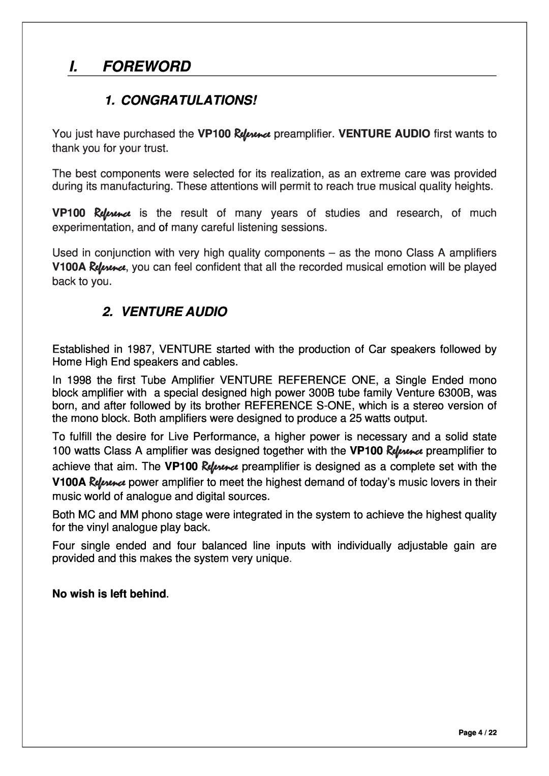 Venture Products VP100 manual I.Foreword, Congratulations, Venture Audio, No wish is left behind 