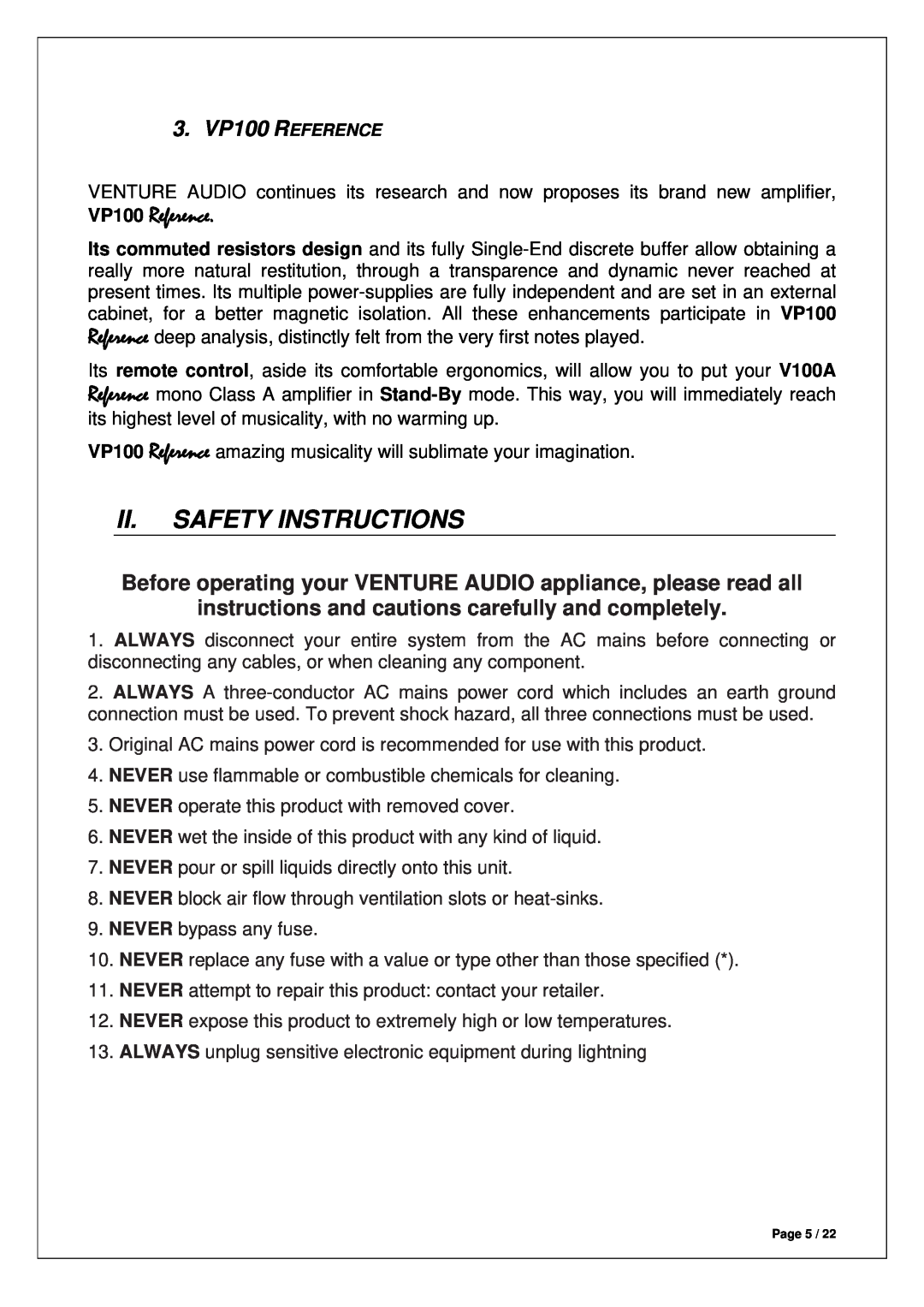 Venture Products manual Ii.Safety Instructions, VP100 Reference 
