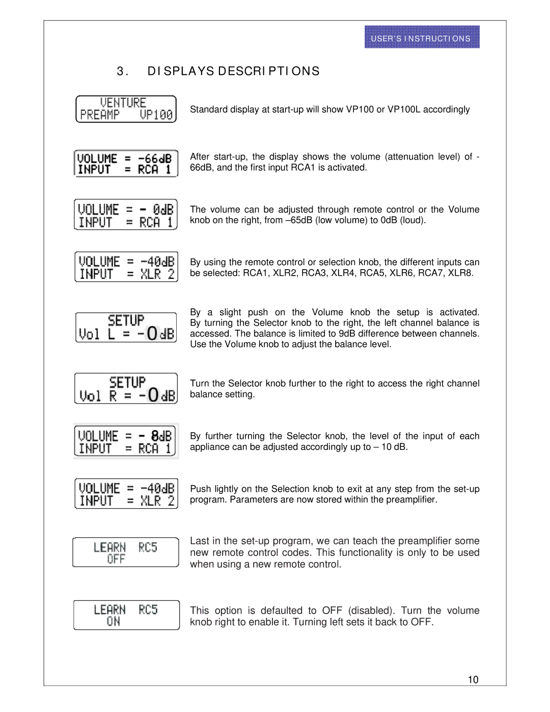 Venture Products VP100L manual Displays Descriptions 