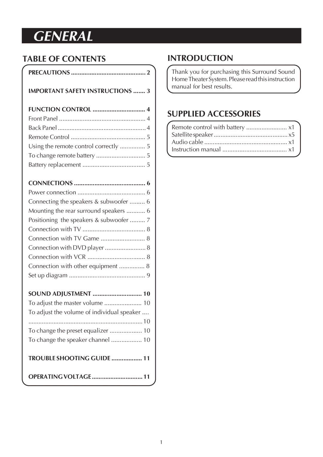 Venturer ASR150 instruction manual General, Table of Contents, Introduction Supplied Accessories 