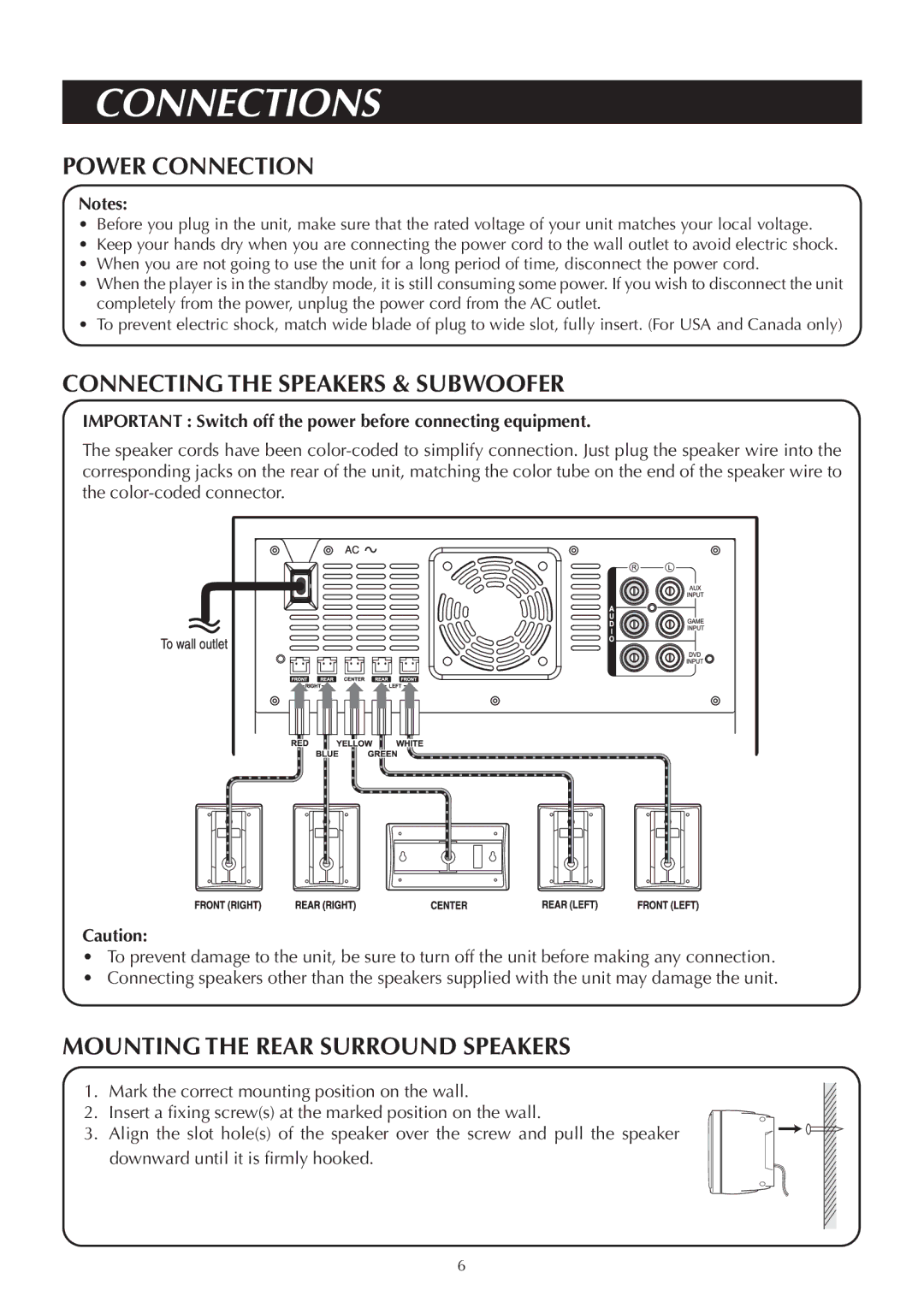 Venturer ASR150 Connections, Power Connection, Connecting the Speakers & Subwoofer, Mounting the Rear Surround Speakers 