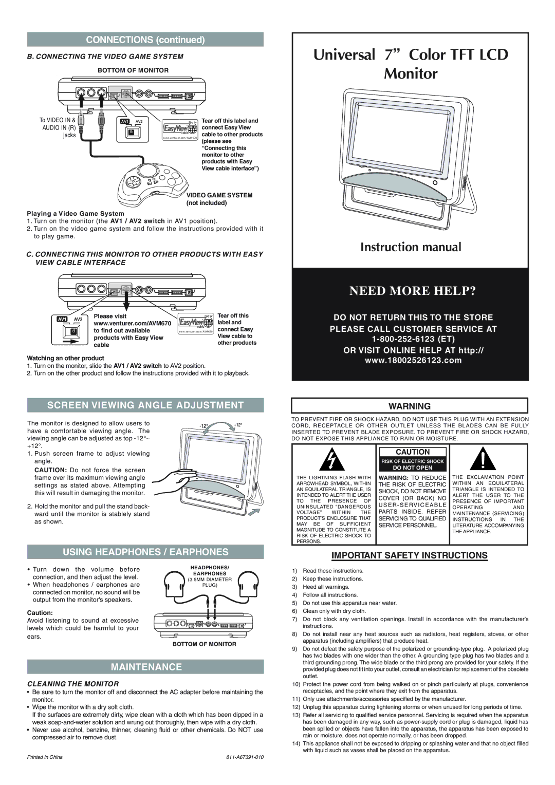 Venturer AVM670 important safety instructions Screen Viewing Angle Adjustment, Using Headphones / Earphones, Maintenance 