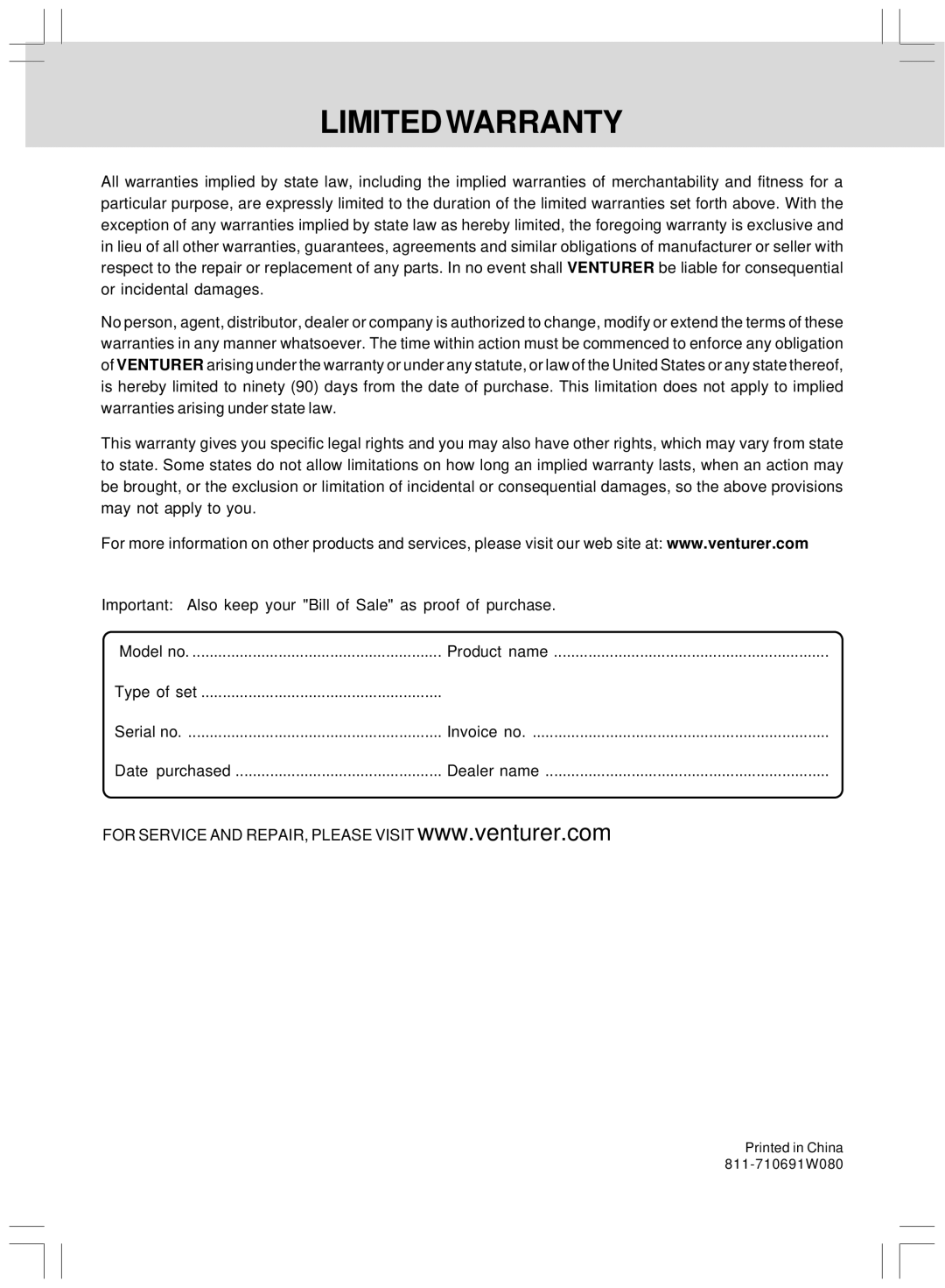 Venturer CD7106VI instruction manual Type of set 