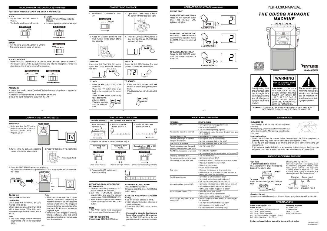 Venturer CDG 62 instruction manual Compact Disc Playback, Compact Disc Graphics CDG, Recording -- Deck B only, Maintenance 