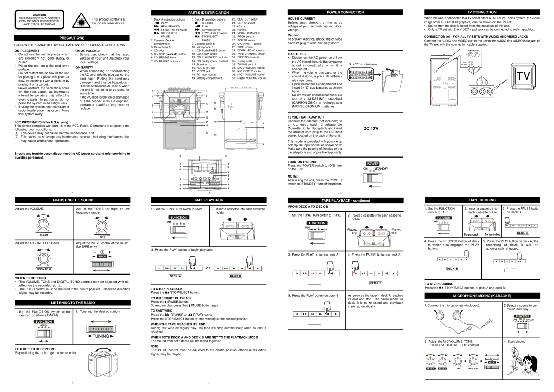 Venturer CDG 62 Precautions, Parts Identification, Power Connection, TV Connection, Adjusting the Sound, Tape Playback 