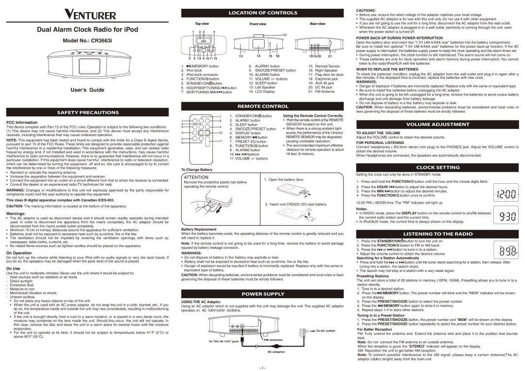 Venturer CR3663I manual Location of Controls, Remote Control, Safety Precautions, Volume Adjustment, Clock Setting 