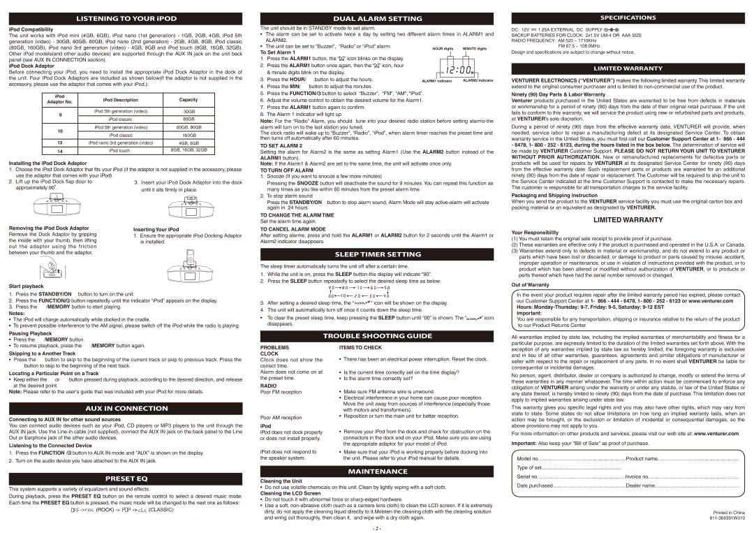 Venturer CR3663I manual Dual Alarm Setting, Sleep Timer Setting, Trouble Shooting Guide, AUX in Connection, Preset EQ 