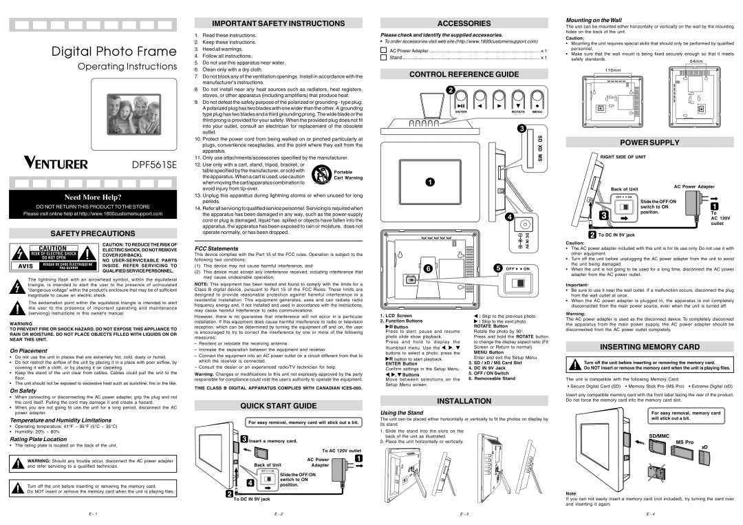 Venturer DPF561SE quick start Important Safety Instructions, Accessories, Control Reference Guide, Power Supply 