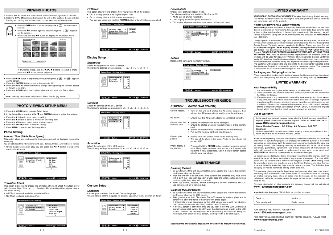 Venturer DPF561SE Viewing Photos, Photo Viewing Setup Menu, Troubleshooting Guide, Limited Warranty, Maintenance 