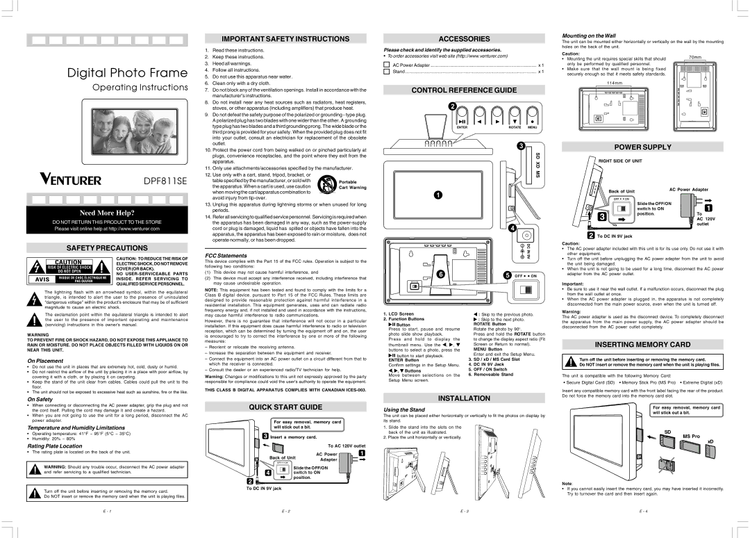 Venturer DPF811SE operating instructions Important Safety Instructions, Accessories, Control Reference Guide, Power Supply 