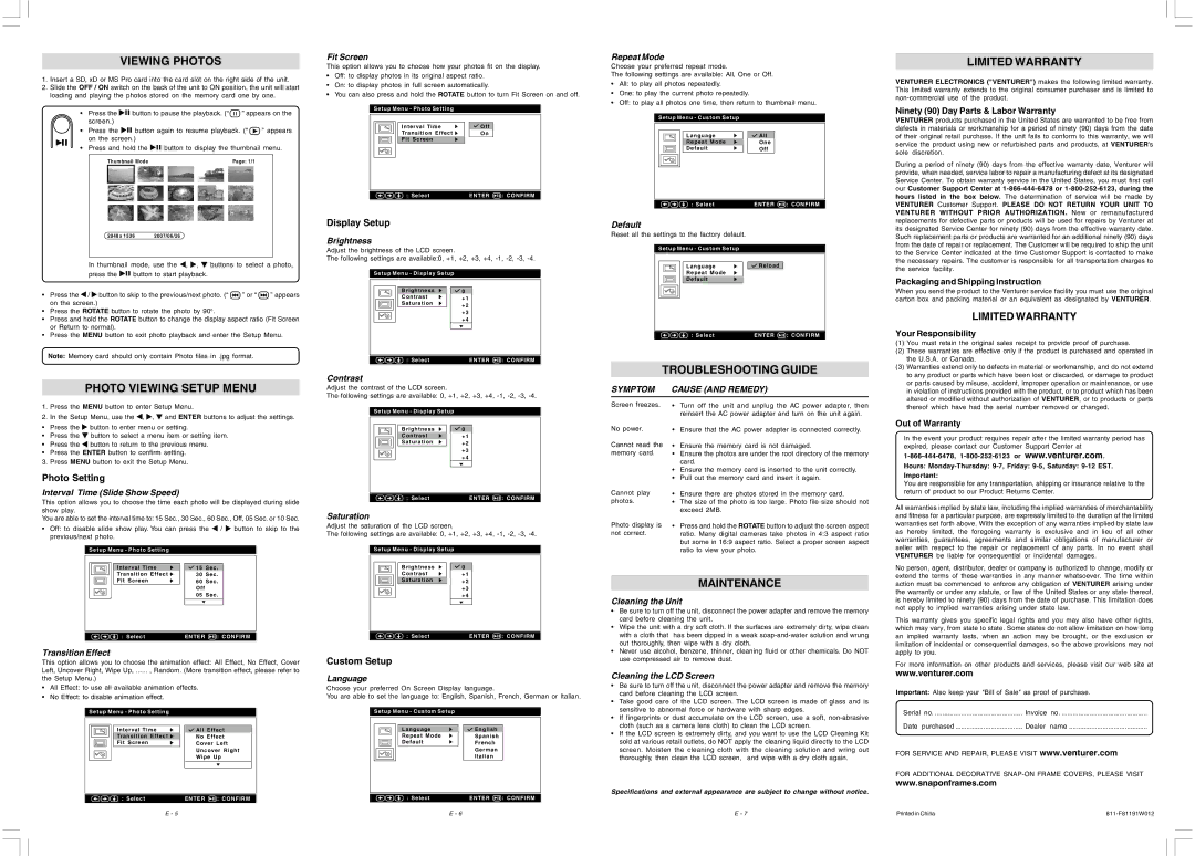 Venturer DPF811SE operating instructions Viewing Photos, Troubleshooting Guide, Limited Warranty, Maintenance 