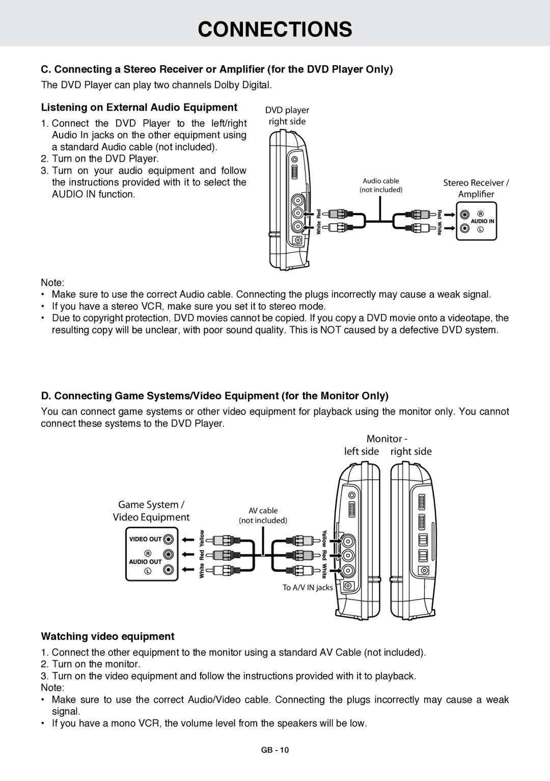 Venturer GB - 1 owner manual Listening on External Audio Equipment, Watching video equipment 