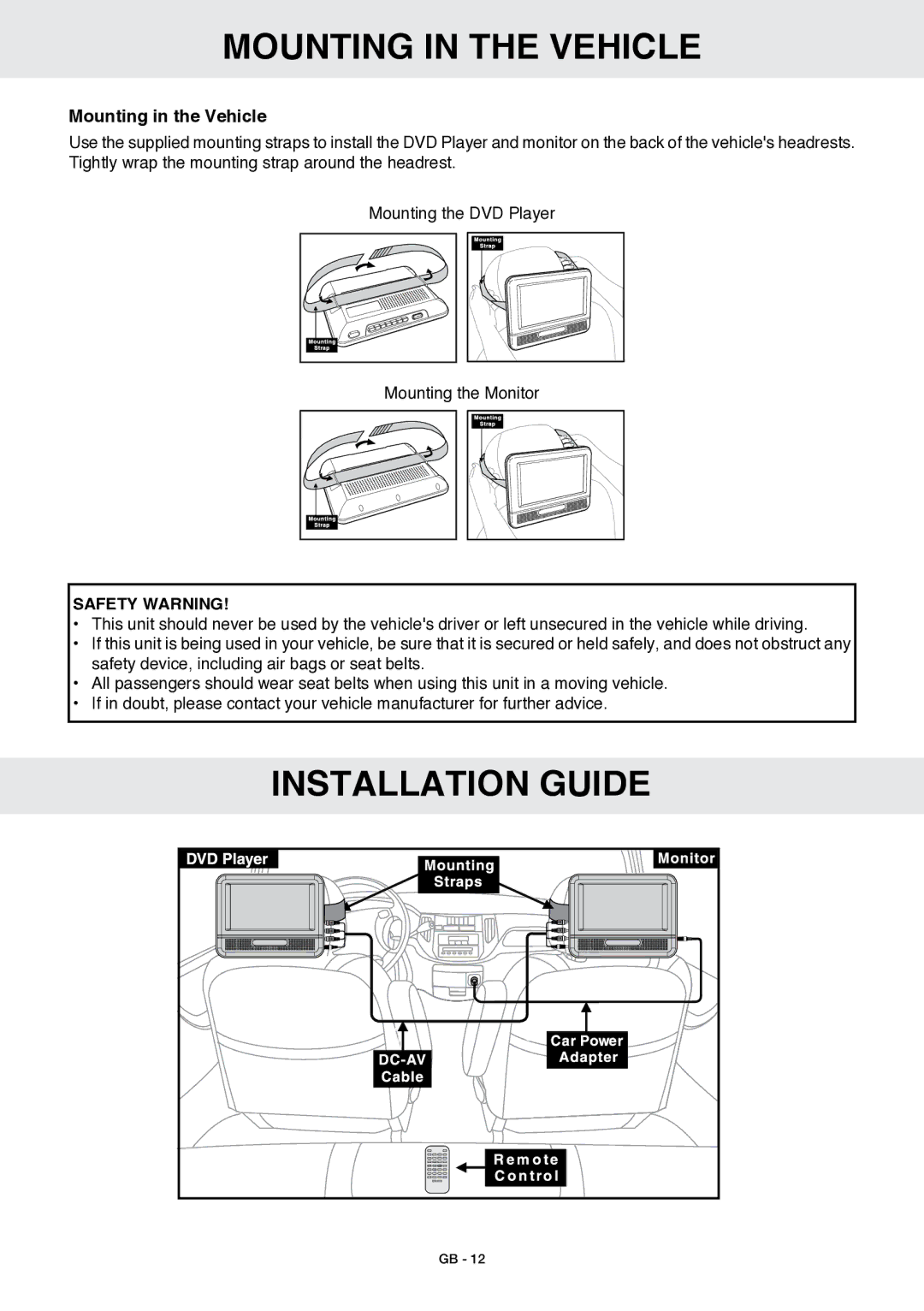 Venturer GB - 1 owner manual Mounting in the Vehicle, Installation Guide 