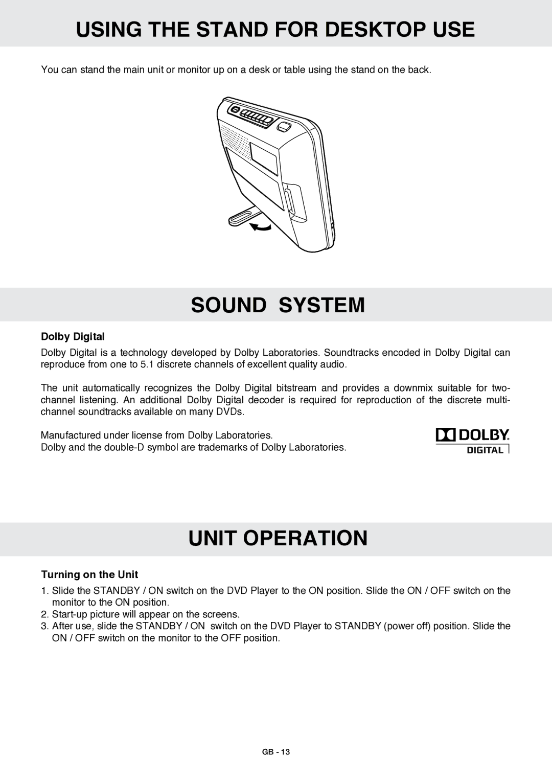 Venturer GB - 1 Using the Stand for Desktop USE, Sound system, Unit operation, Dolby Digital, Turning on the Unit 