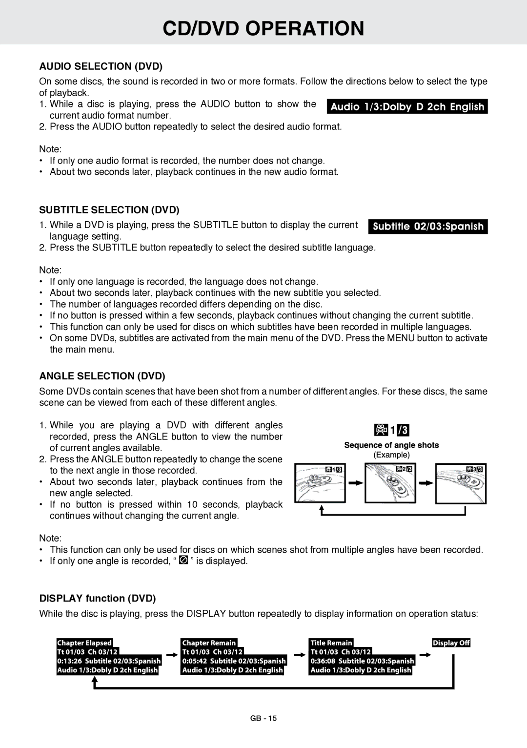 Venturer GB - 1 owner manual Audio Selection DVD, Subtitle Selection DVD, Angle Selection DVD, Display function DVD 