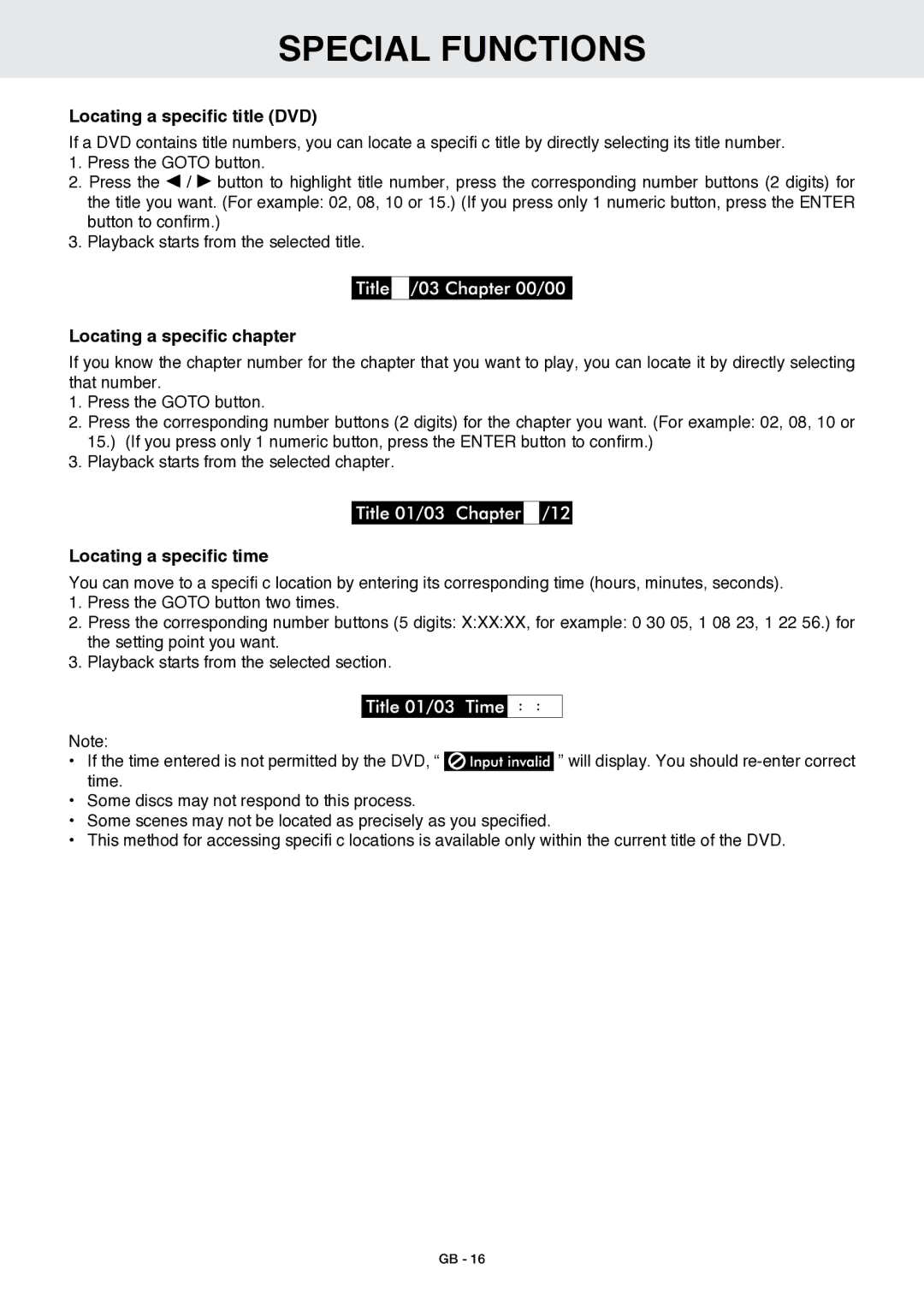 Venturer GB - 1 Special Functions, Locating a specific title DVD, Locating a specific chapter, Locating a specific time 