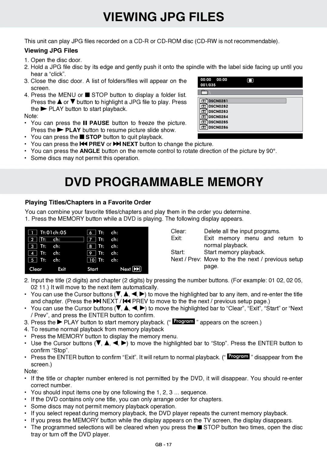 Venturer GB - 1 owner manual Viewing JPG Files, DVD Programmable memory, Playing Titles/Chapters in a Favorite Order 