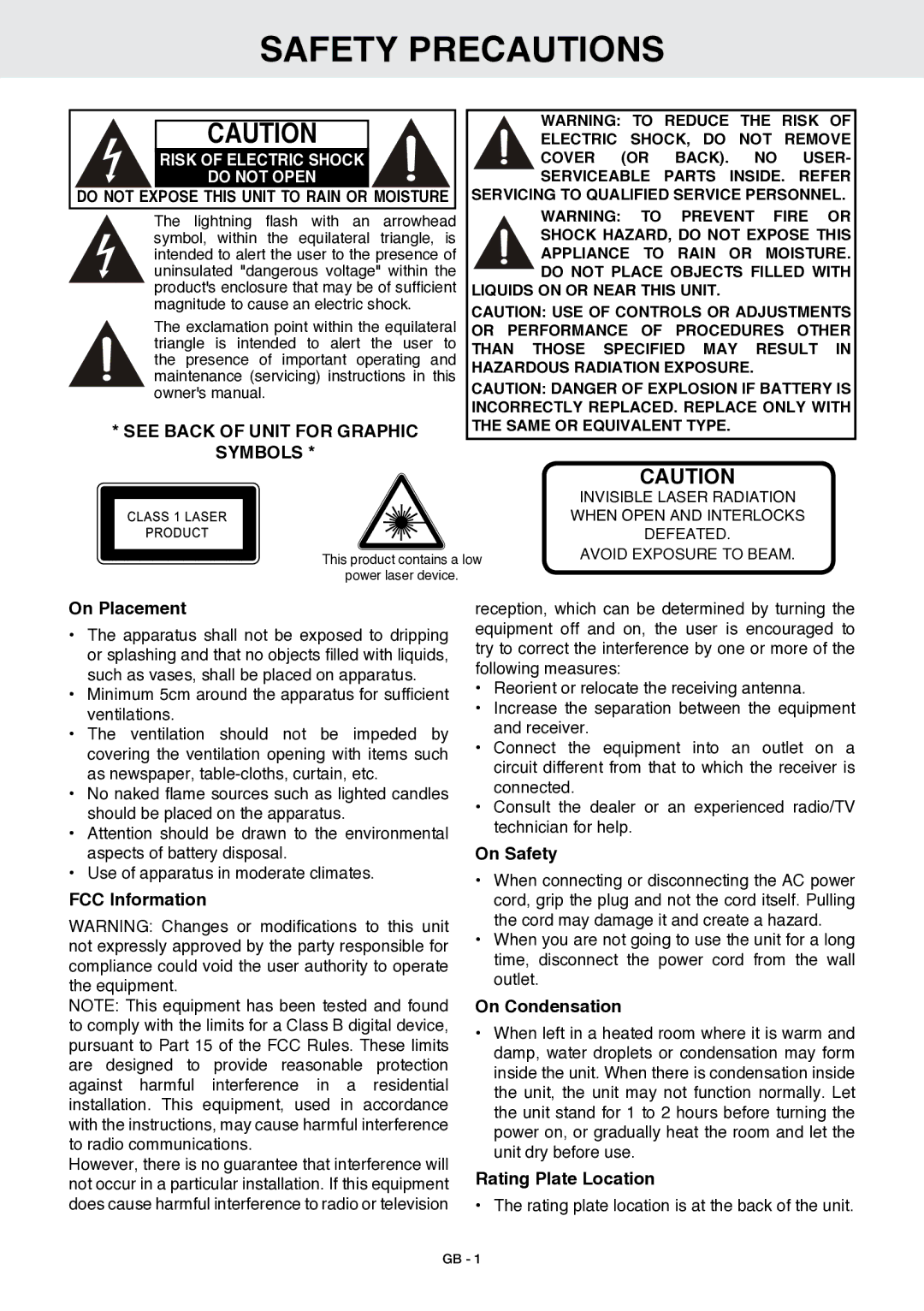 Venturer GB - 1 owner manual Safety Precautions, See Back of Unit for Graphic Symbols 