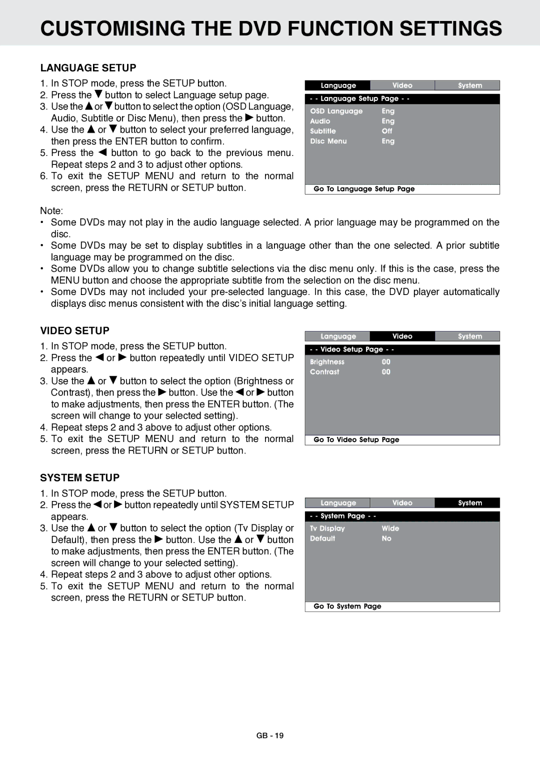 Venturer GB - 1 owner manual Customising the DVD Function Settings, Language Setup, Video Setup, System Setup 