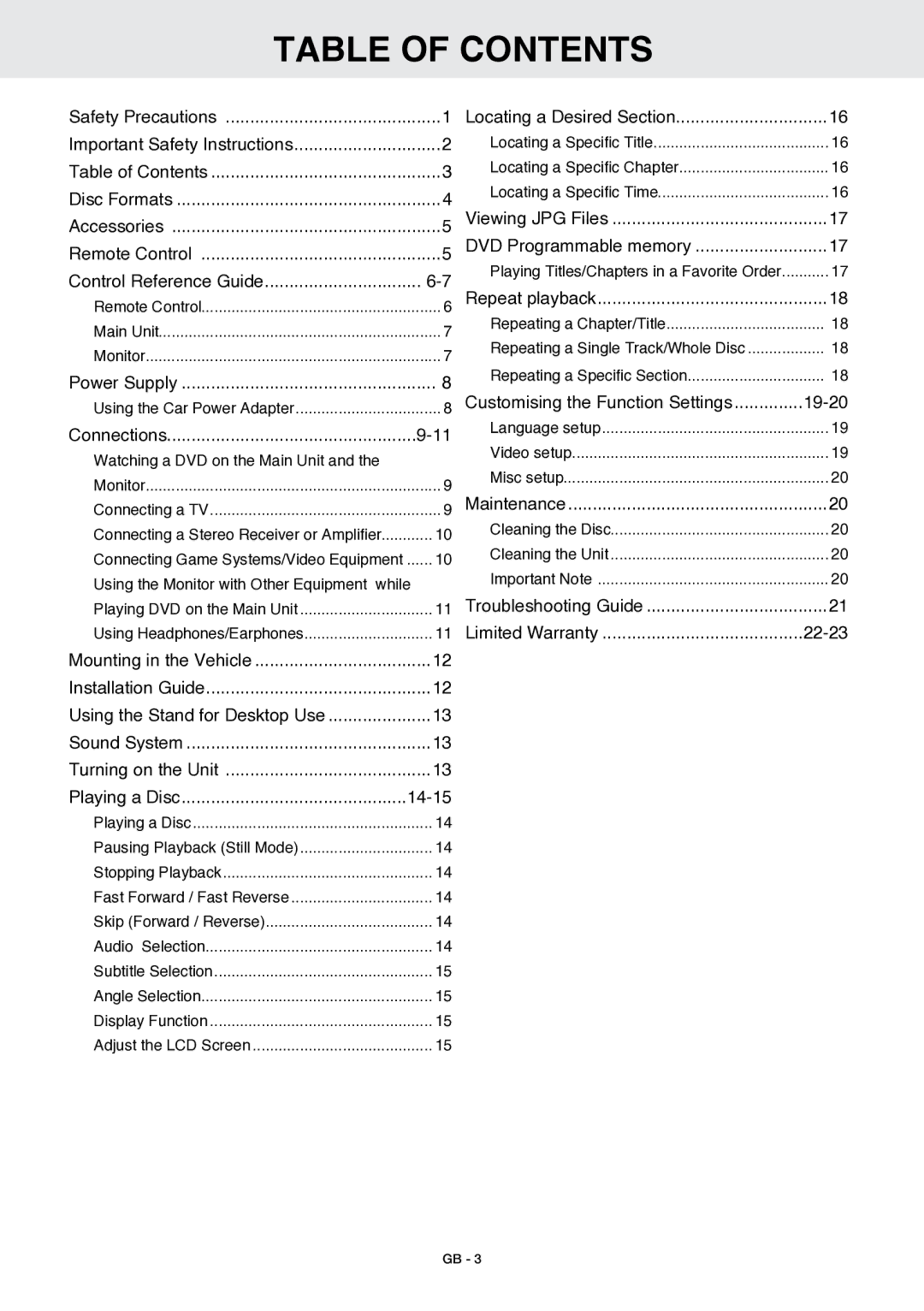 Venturer GB - 1 owner manual Table of Contents 