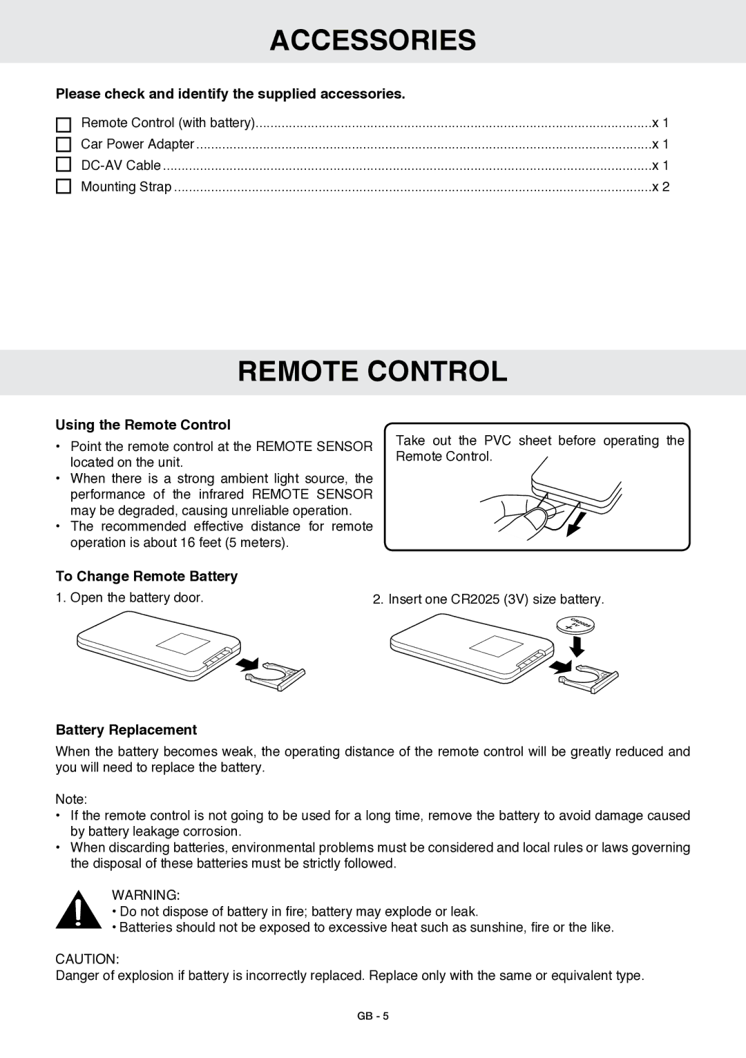 Venturer GB - 1 owner manual Accessories, Remote control 