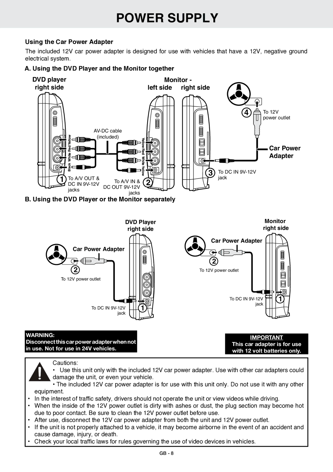 Venturer GB - 1 owner manual Power Supply, Using the Car Power Adapter, Using the DVD Player and the Monitor together 