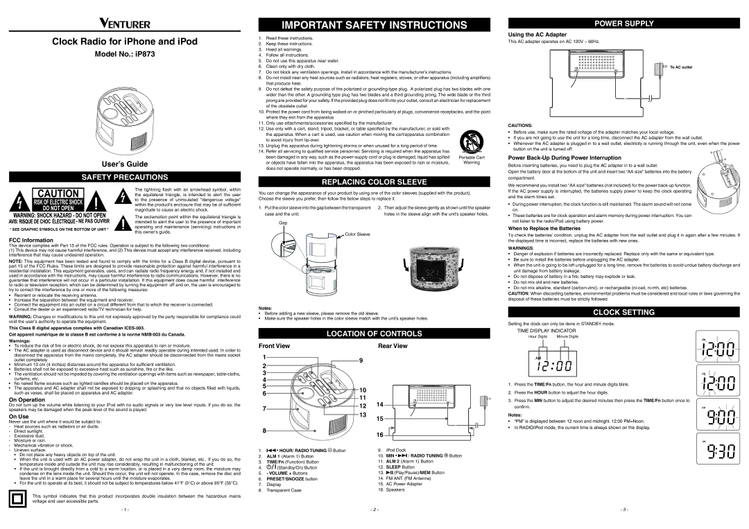 Venturer IP873 important safety instructions Safety Precautions, Replacing Color Sleeve, Location of Controls 