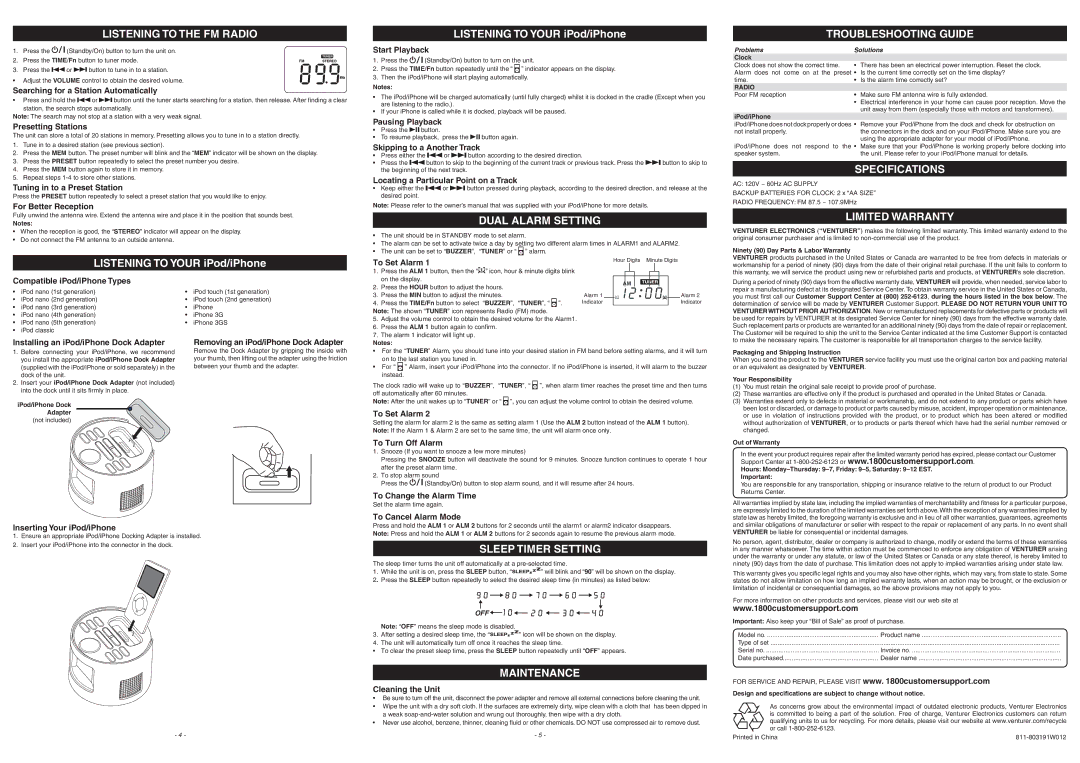 Venturer IP873 Listening to the FM Radio, Dual Alarm Setting, Specifications, Limited Warranty, Maintenance 