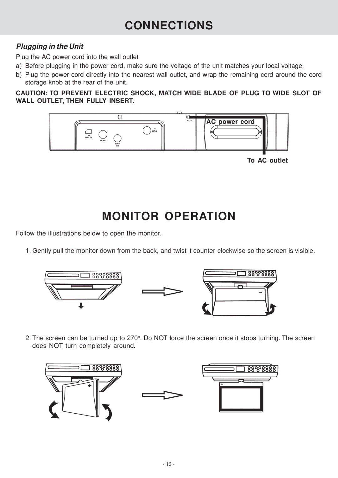 Venturer KLV39082 manual Monitor Operation, Plugging in the Unit, AC power cord To AC outlet 