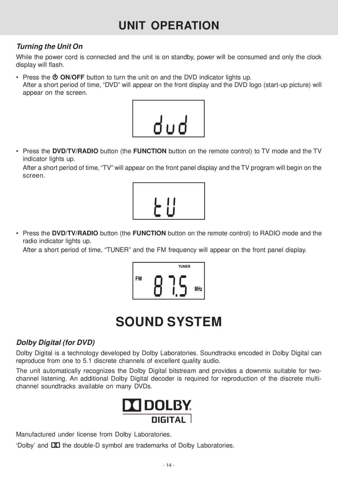 Venturer KLV39082 manual Unit Operation, Turning the Unit On, Dolby Digital for DVD 