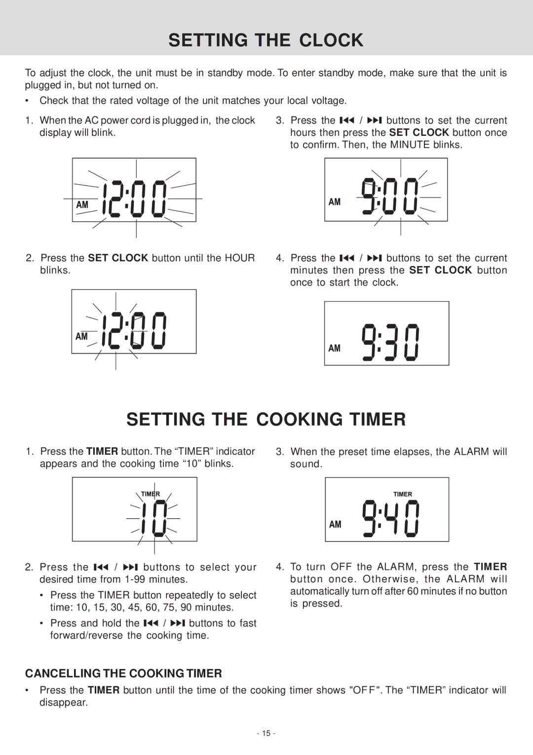 Venturer KLV39082 manual Setting the Clock, Setting the Cooking Timer 