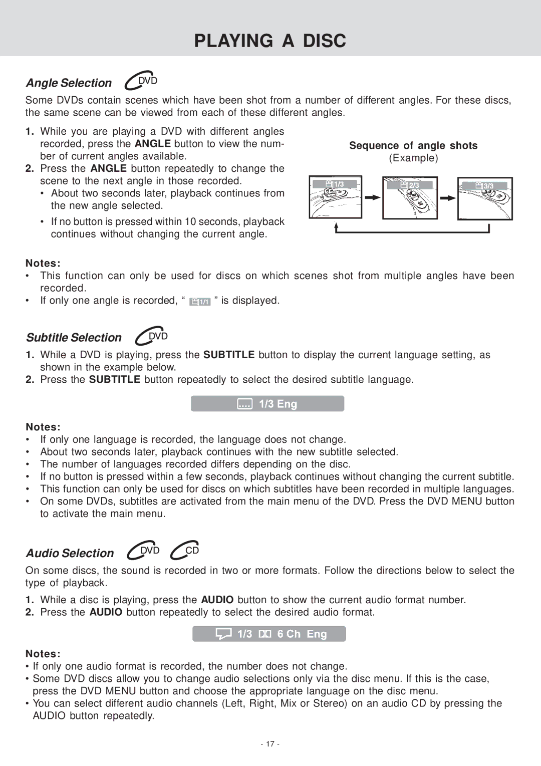 Venturer KLV39082 manual Angle Selection, Subtitle Selection, Audio Selection, Sequence of angle shots 