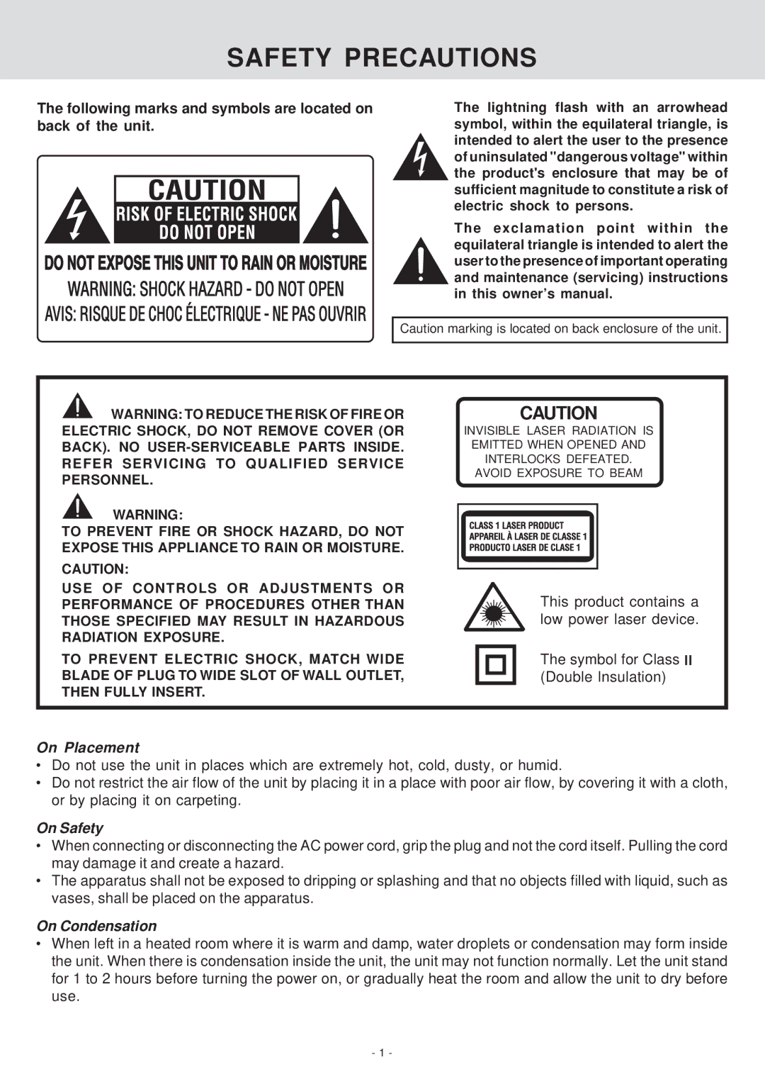 Venturer KLV39082 manual Safety Precautions, Following marks and symbols are located on back of the unit 