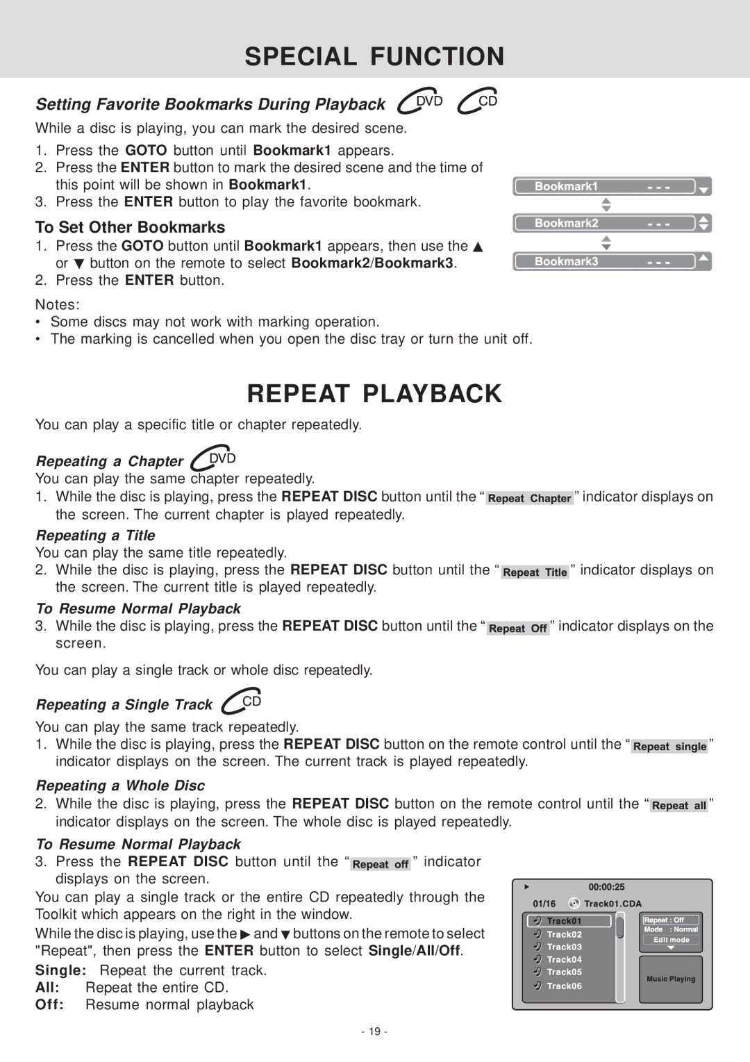 Venturer KLV39082 manual Repeat Playback, Setting Favorite Bookmarks During Playback 