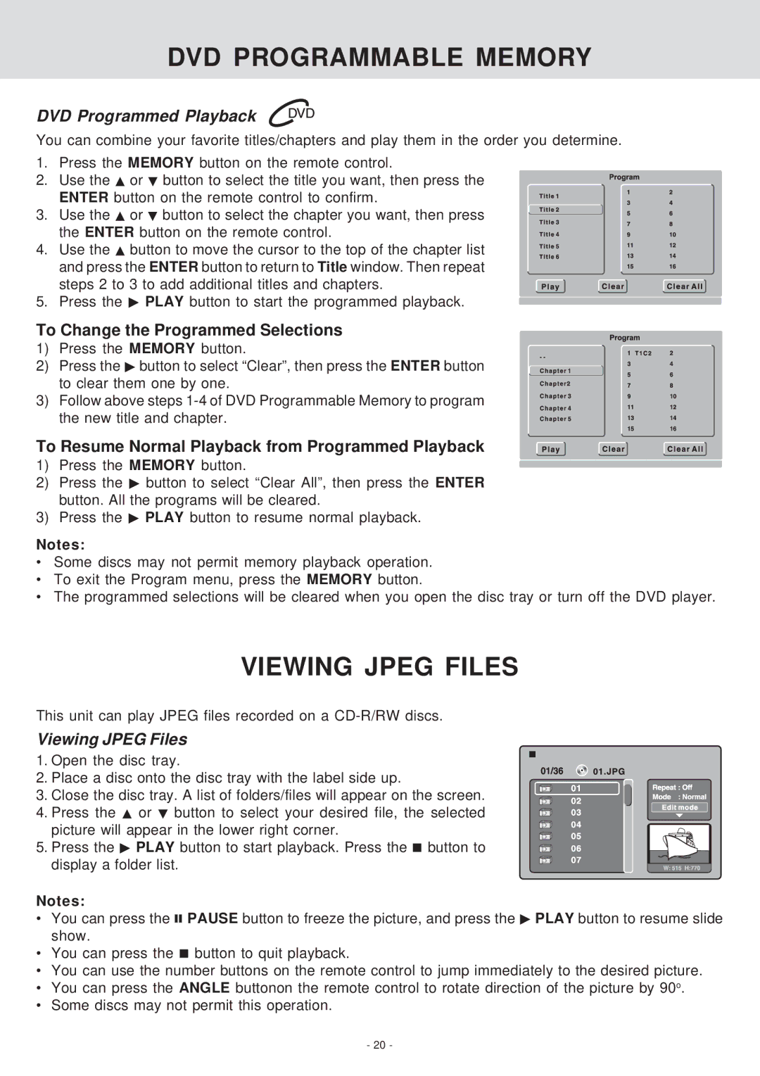 Venturer KLV39082 manual DVD Programmable Memory, Viewing Jpeg Files, DVD Programmed Playback 