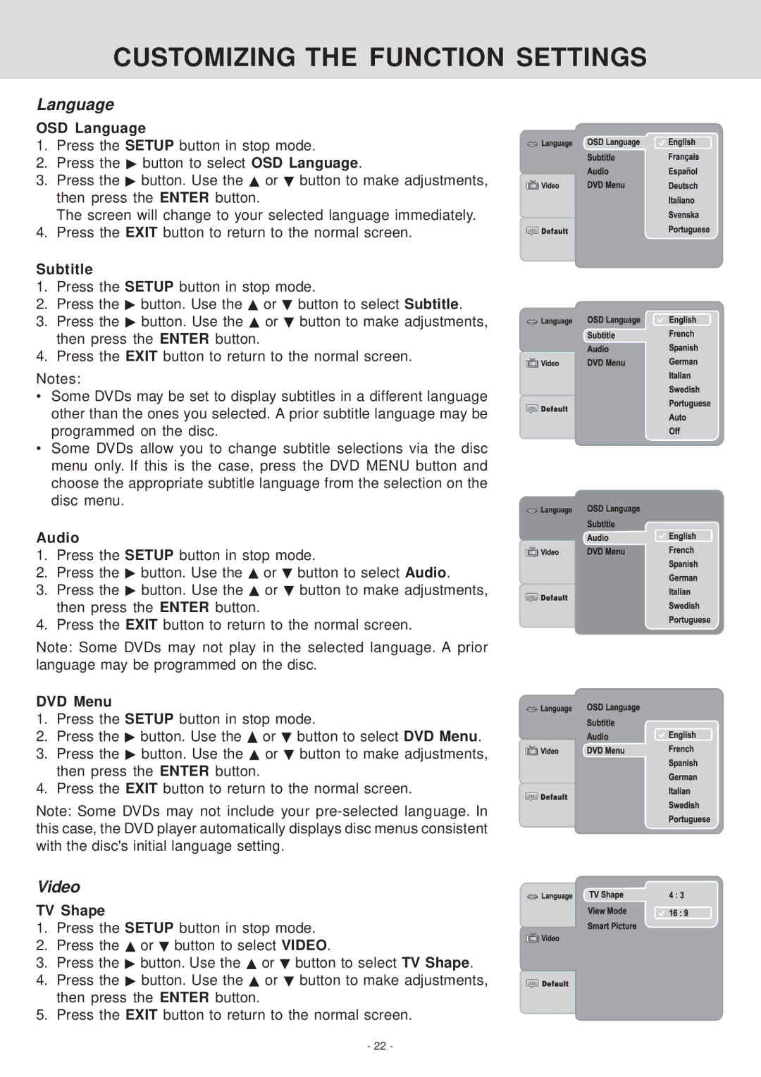 Venturer KLV39082 manual Customizing the Function Settings, Language, Video 