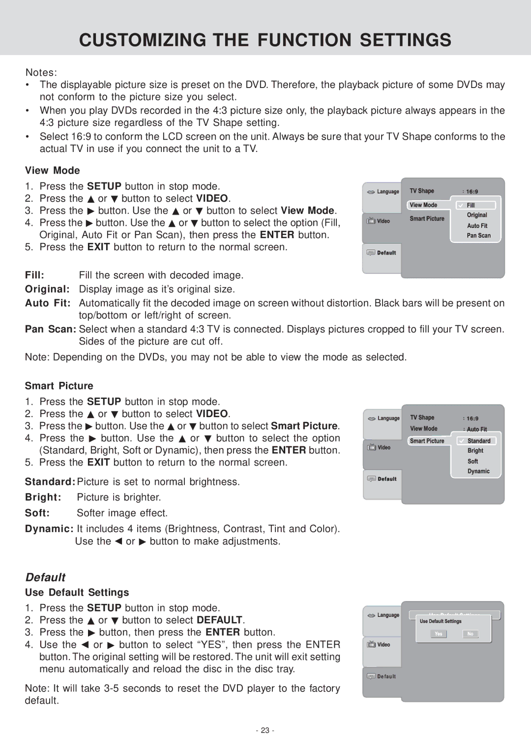 Venturer KLV39082 manual View Mode, Smart Picture, Use Default Settings 