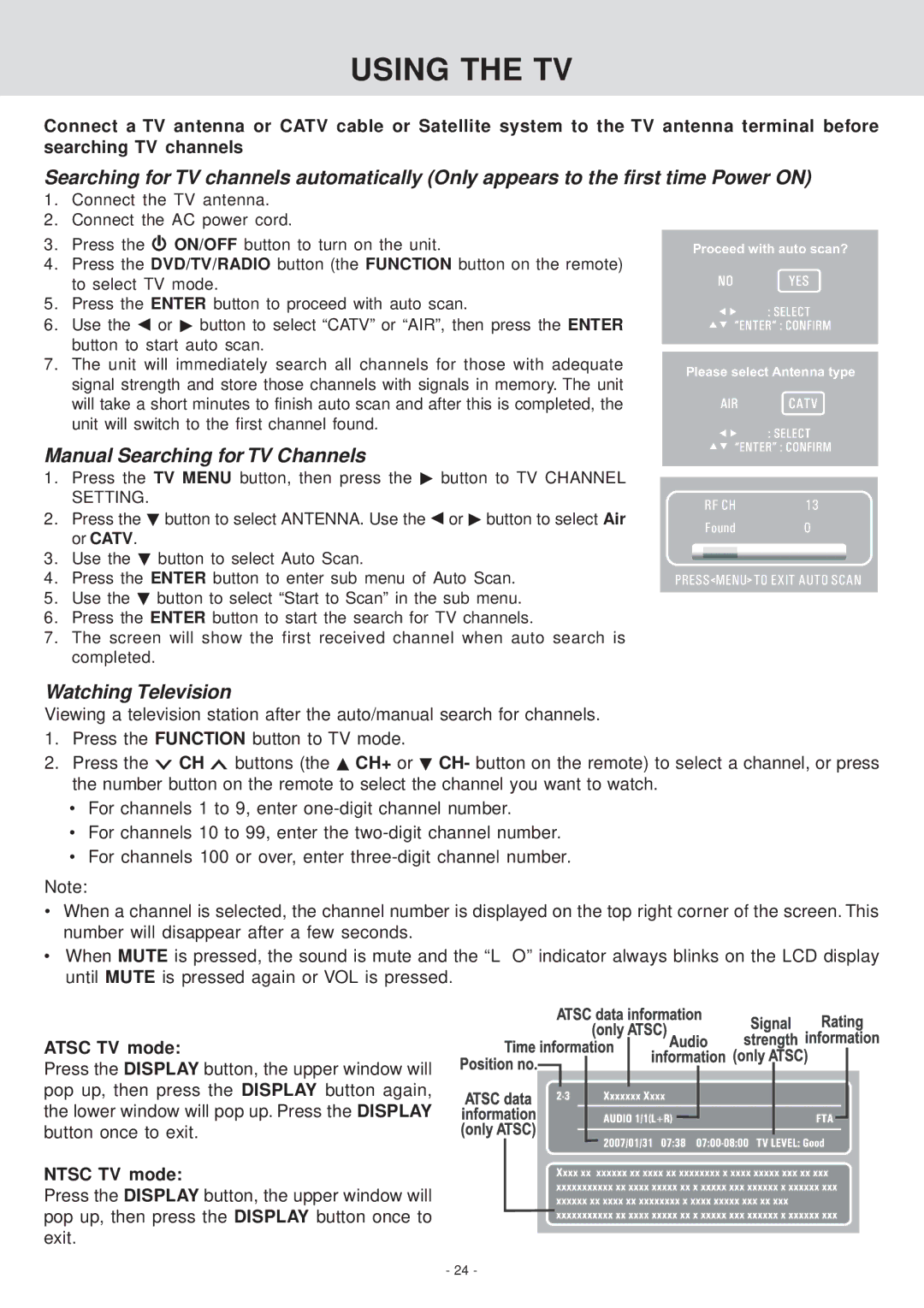 Venturer KLV39082 manual Using the TV, Manual Searching for TV Channels, Watching Television, Atsc TV mode, Ntsc TV mode 