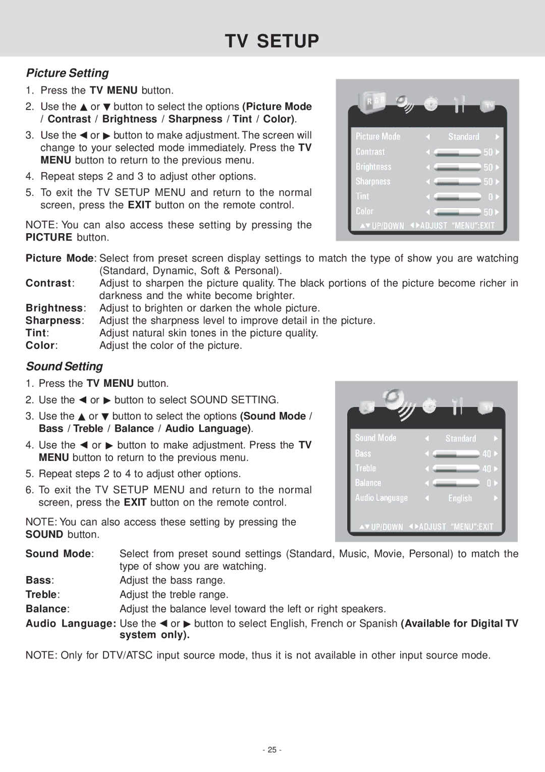 Venturer KLV39082 manual TV Setup, Picture Setting, Sound Setting 