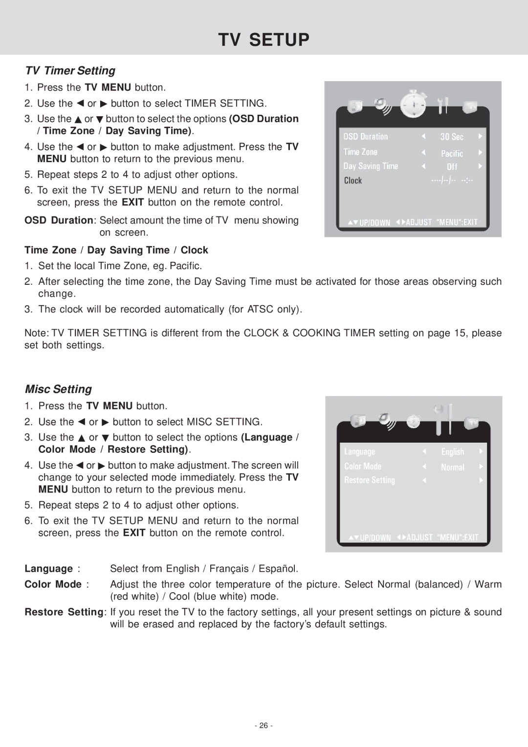 Venturer KLV39082 manual TV Timer Setting, Misc Setting, Time Zone / Day Saving Time / Clock 