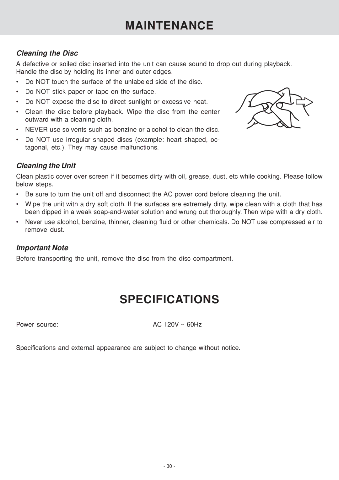 Venturer KLV39082 manual Maintenance, Specifications, Cleaning the Disc, Cleaning the Unit, Important Note 